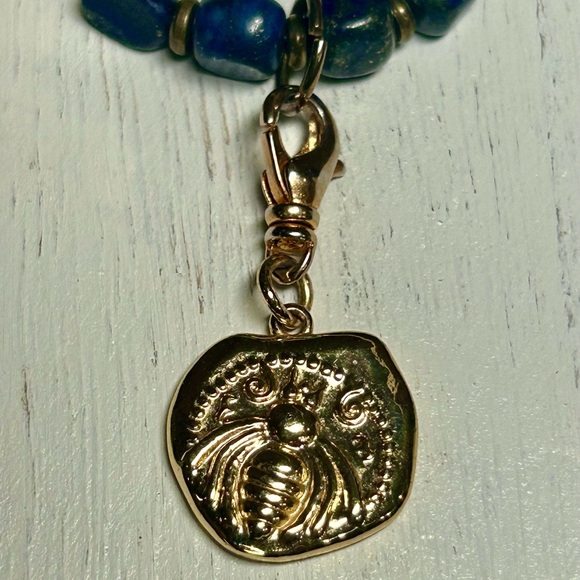 Lapis Blue Beaded Bee Charm Necklace - Boho Statement Jewelry - Picture 3 of 6